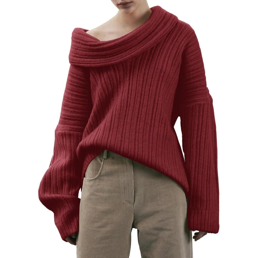 imageSaodimallsu Womens Off The Shoulder Sweater Top Oversized Fall Batwing Boat Neck Knit Sexy Casual PulloverBurgundy
