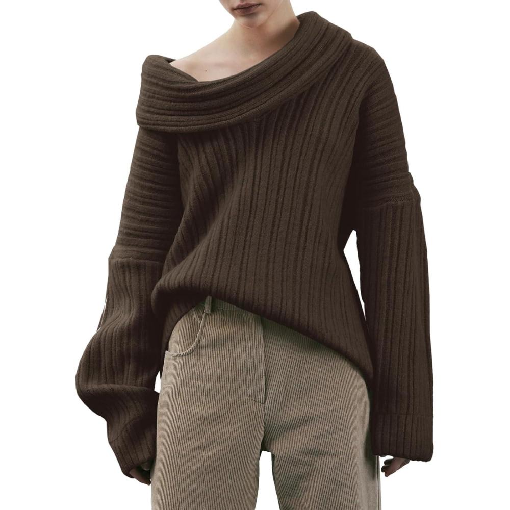 imageSaodimallsu Womens Off The Shoulder Sweater Top Oversized Fall Batwing Boat Neck Knit Sexy Casual PulloverCoffee