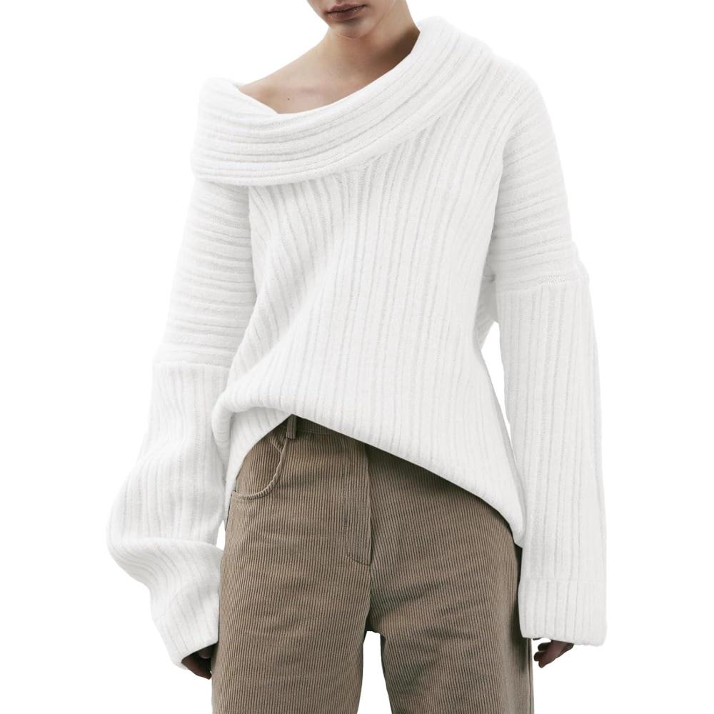 imageSaodimallsu Womens Off The Shoulder Sweater Top Oversized Fall Batwing Boat Neck Knit Sexy Casual PulloverWhite