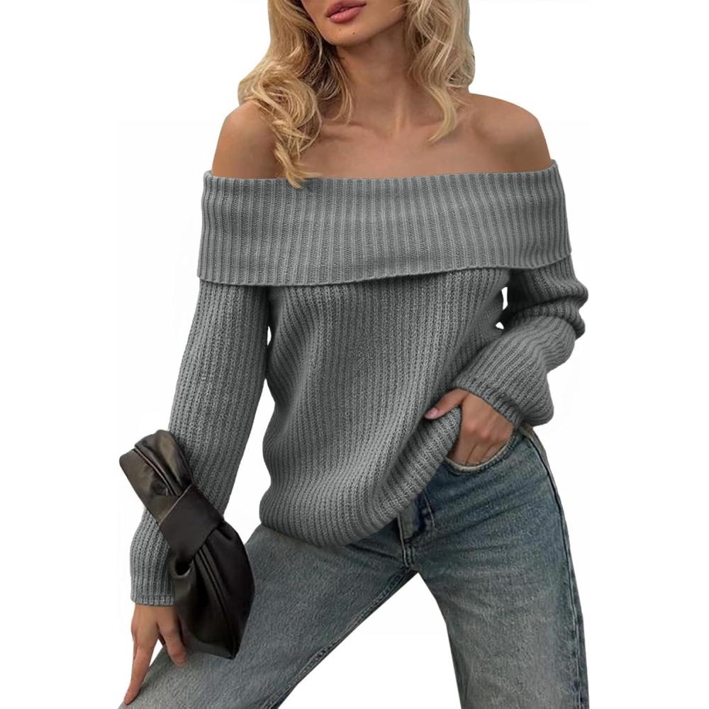 imageSaodimallsu Womens Off The Shoulder Sweaters Chunky Ribbed Knit Casual Long Sleeve Loose Fall Trendy Pullover SweaterGray