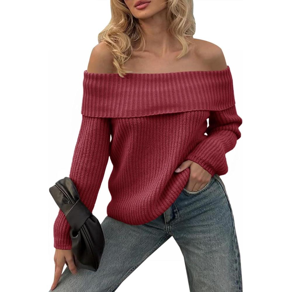 imageSaodimallsu Womens Off The Shoulder Sweaters Chunky Ribbed Knit Casual Long Sleeve Loose Fall Trendy Pullover SweaterWine Red