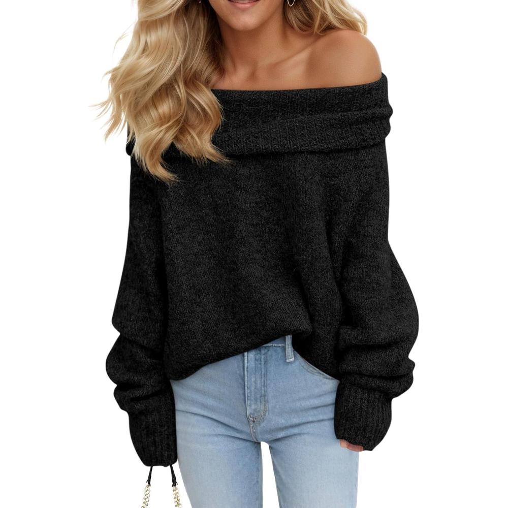 imageSaodimallsu Womens Off The Shoulder Sweaters Oversized Long Sleeve Loose Ribbed Knit Fall Trendy Pullover TopsBlack