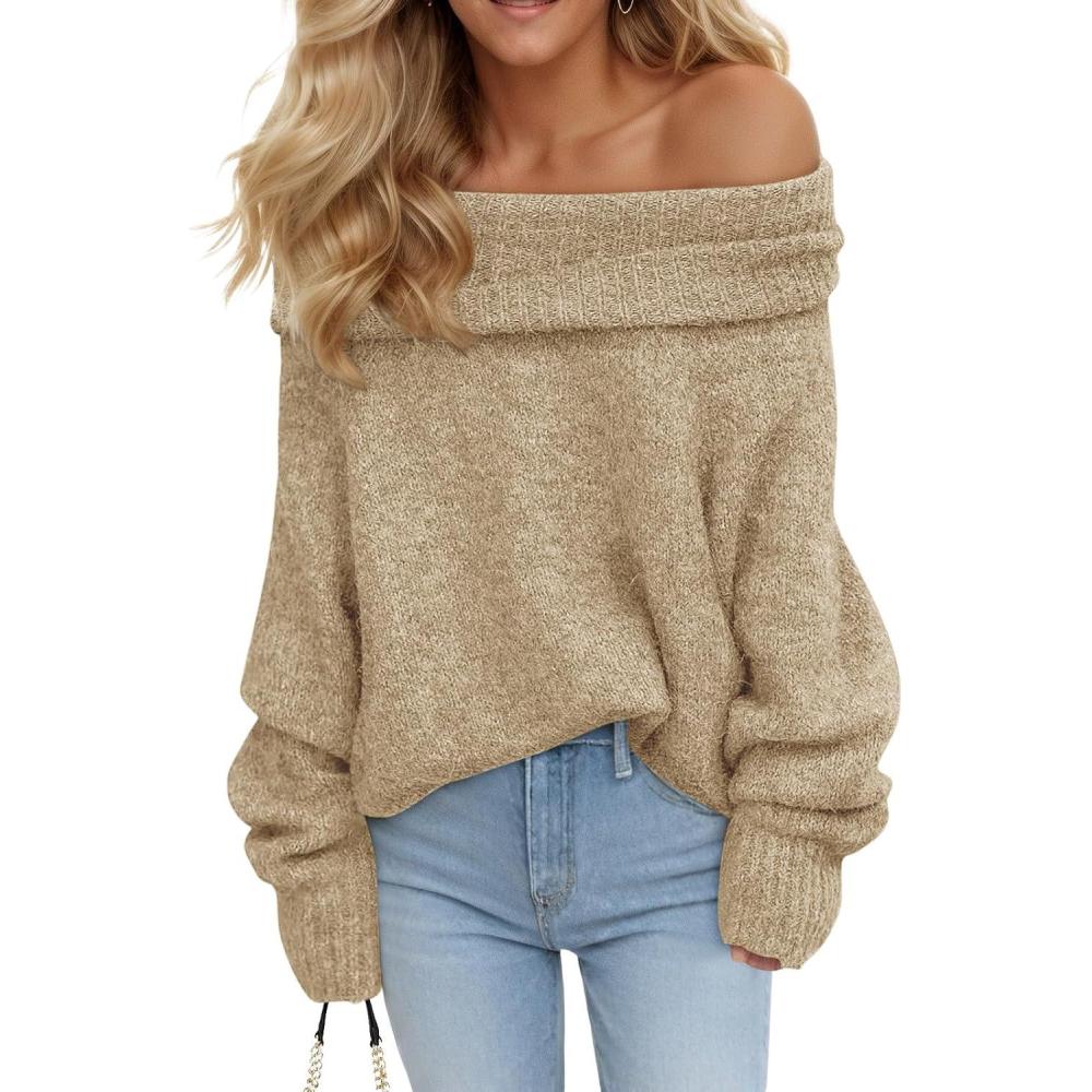 imageSaodimallsu Womens Off The Shoulder Sweaters Oversized Long Sleeve Loose Ribbed Knit Fall Trendy Pullover TopsKhaki