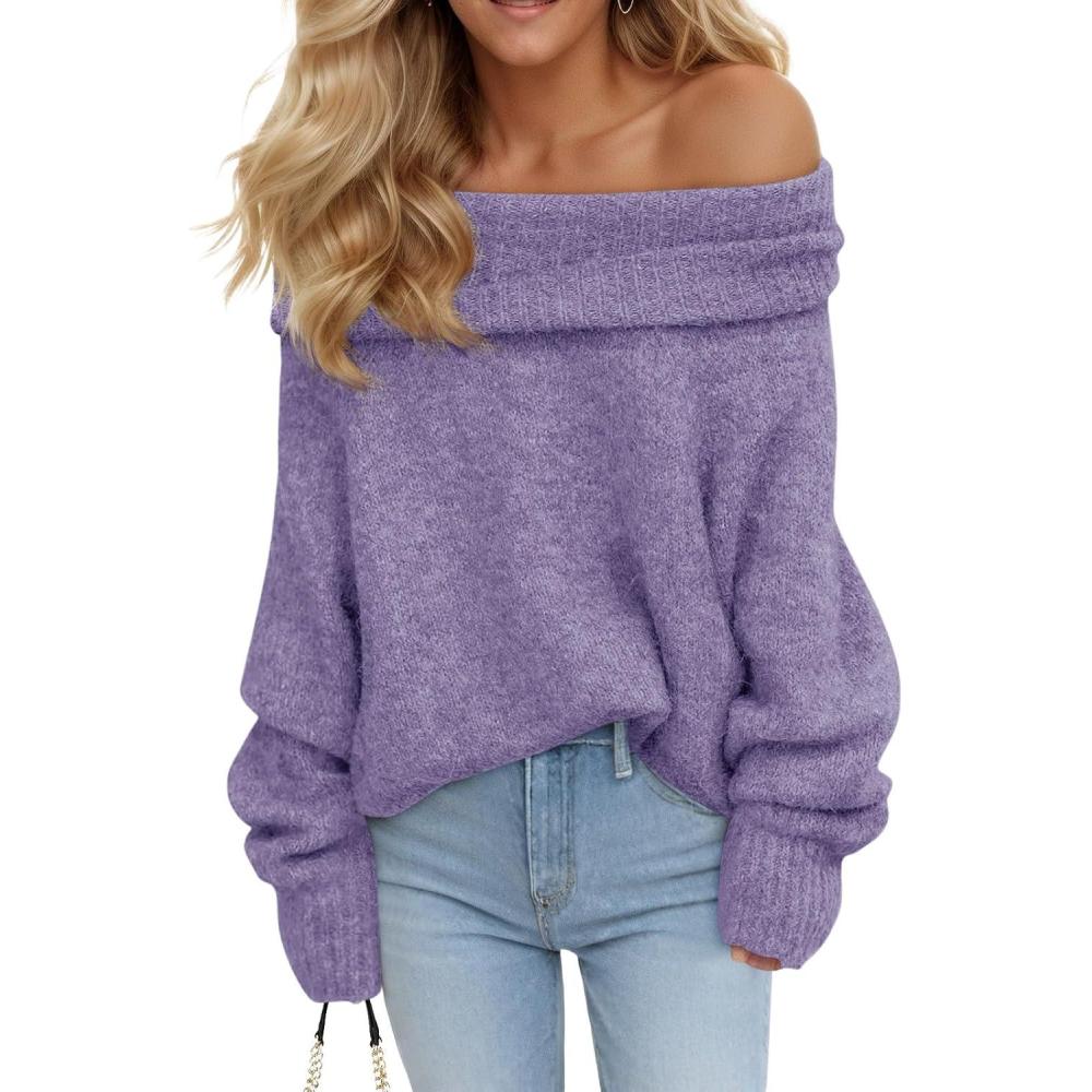 imageSaodimallsu Womens Off The Shoulder Sweaters Oversized Long Sleeve Loose Ribbed Knit Fall Trendy Pullover TopsLight Purple