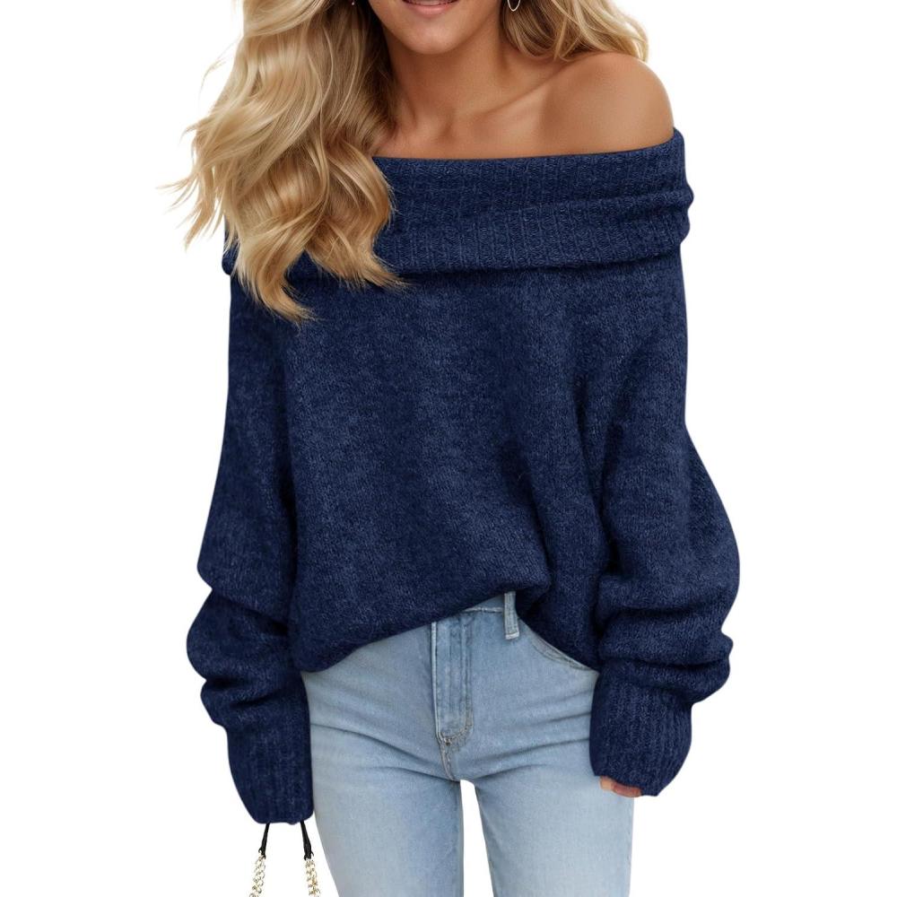 imageSaodimallsu Womens Off The Shoulder Sweaters Oversized Long Sleeve Loose Ribbed Knit Fall Trendy Pullover TopsNavy