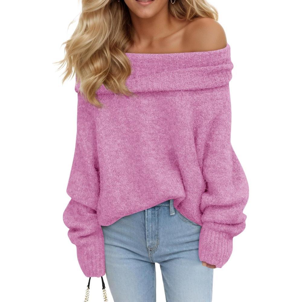 imageSaodimallsu Womens Off The Shoulder Sweaters Oversized Long Sleeve Loose Ribbed Knit Fall Trendy Pullover TopsPink