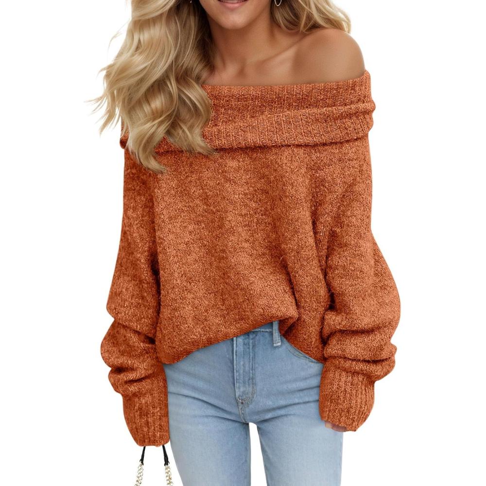imageSaodimallsu Womens Off The Shoulder Sweaters Oversized Long Sleeve Loose Ribbed Knit Fall Trendy Pullover TopsTangerine