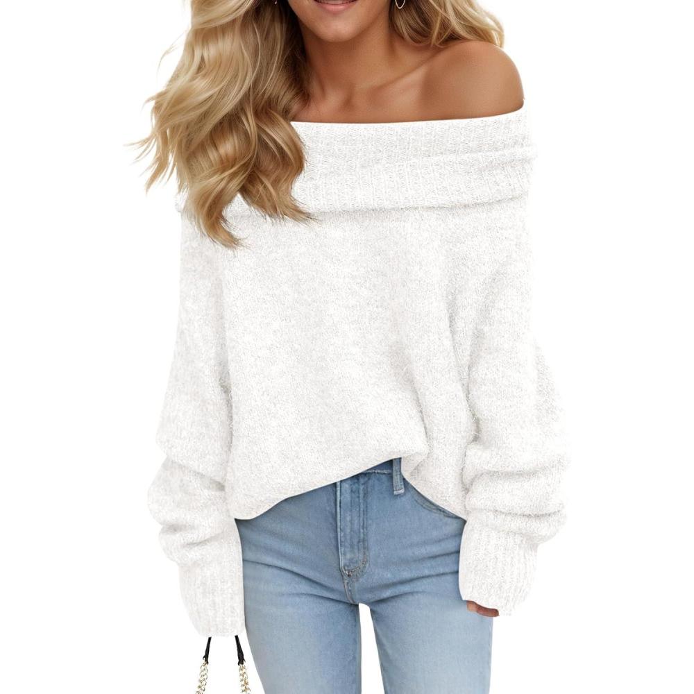 imageSaodimallsu Womens Off The Shoulder Sweaters Oversized Long Sleeve Loose Ribbed Knit Fall Trendy Pullover TopsWhite