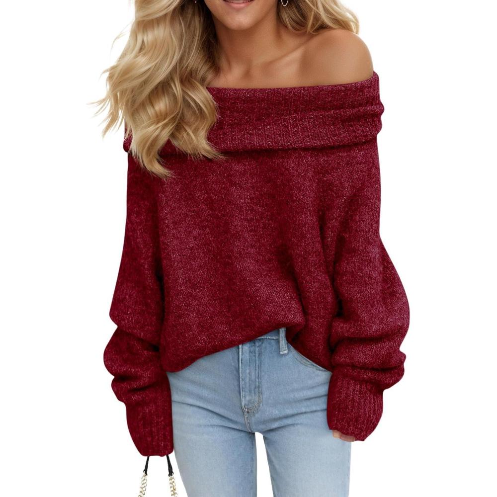 imageSaodimallsu Womens Off The Shoulder Sweaters Oversized Long Sleeve Loose Ribbed Knit Fall Trendy Pullover TopsWine Red
