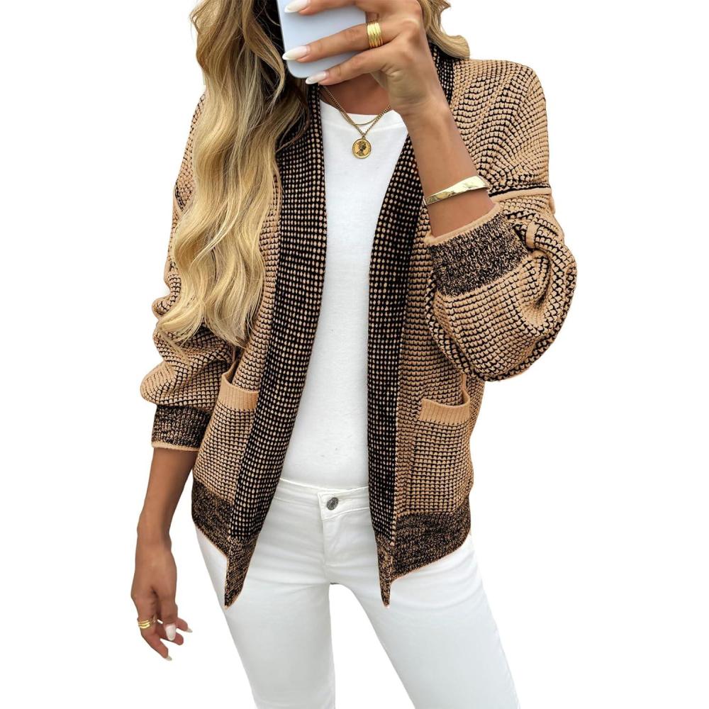 imageSaodimallsu Womens Open Front Cardigans Long Sleeve Waffle Knit Shawl Collared Fall Trendy Sweater Coats with PocketsCoffee