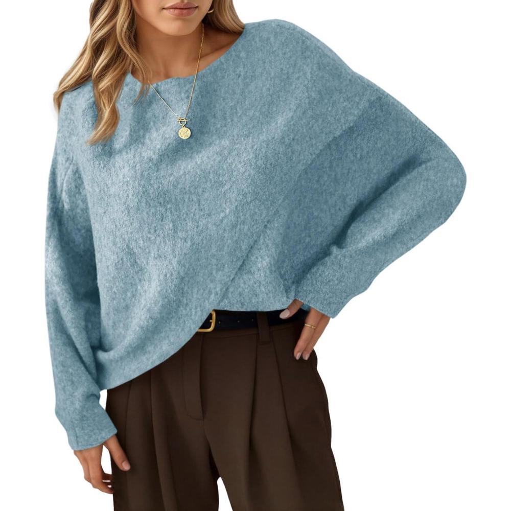 imageSaodimallsu Womens Oversized Batwing Sweaters Long Sleeve Crew Neck Poncho Slouchy Knit Asymmetrical Pullover TopsBlue