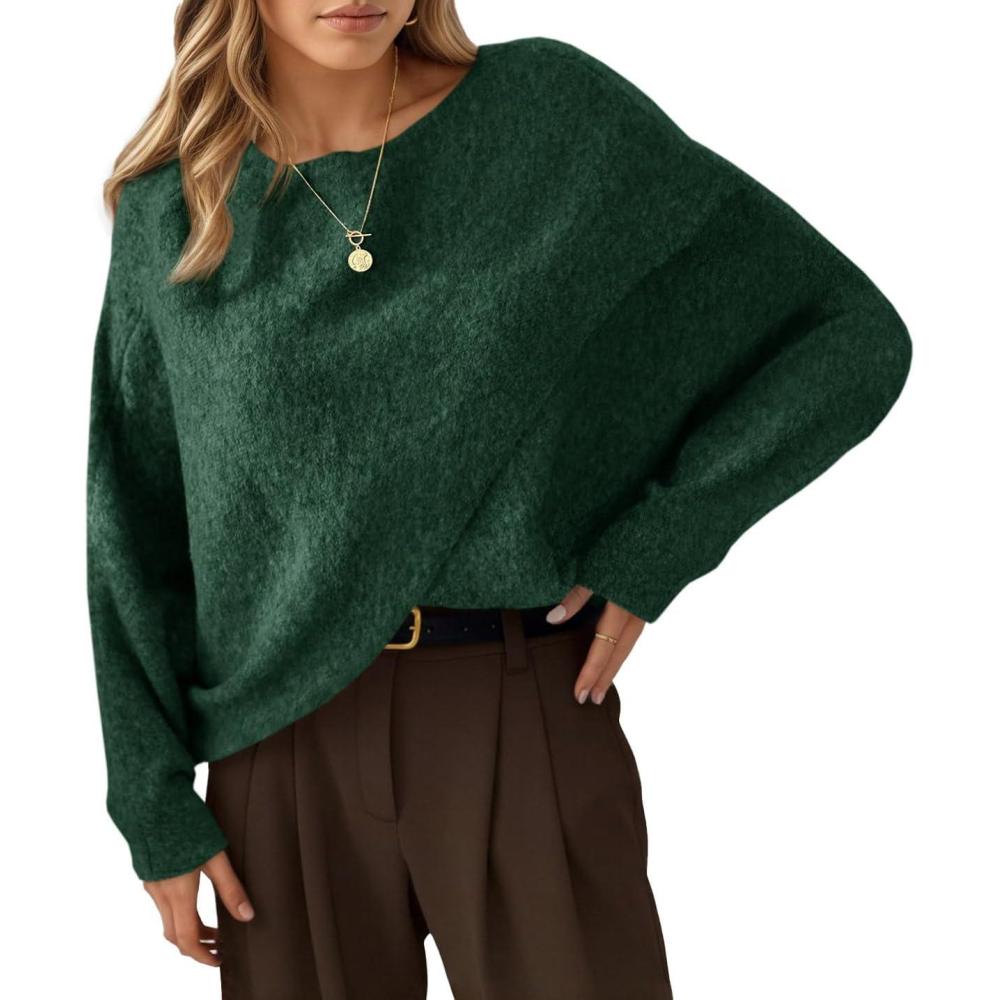 imageSaodimallsu Womens Oversized Batwing Sweaters Long Sleeve Crew Neck Poncho Slouchy Knit Asymmetrical Pullover TopsDark Green