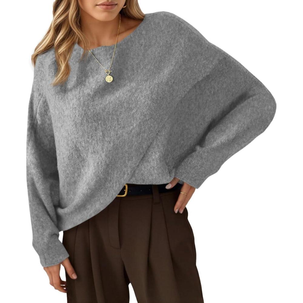 imageSaodimallsu Womens Oversized Batwing Sweaters Long Sleeve Crew Neck Poncho Slouchy Knit Asymmetrical Pullover TopsGrey
