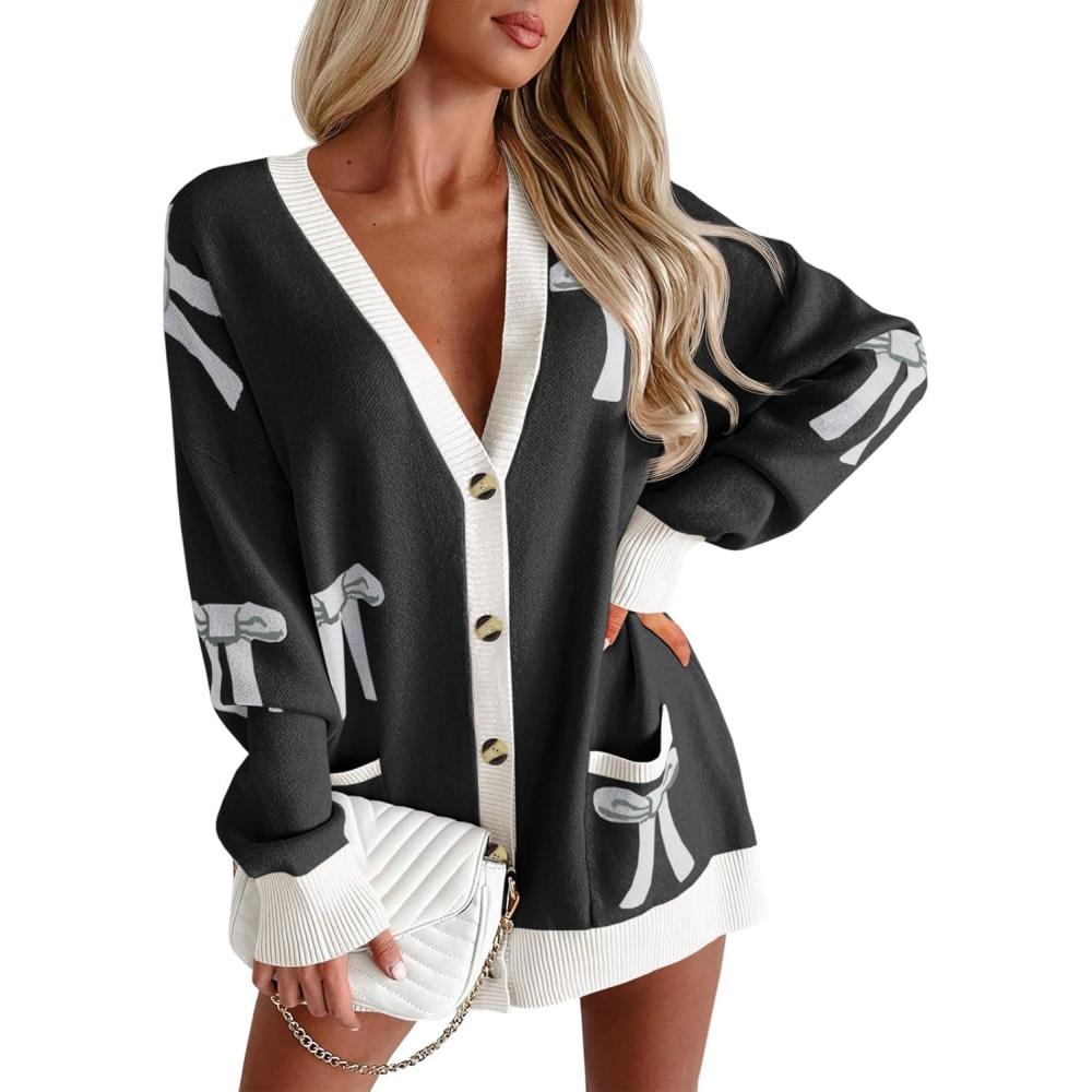 imageSaodimallsu Womens Oversized Cardigan Sweaters Bow Printed Button V Neck Long Sleeve Loose Knit Fall Trendy CoatsBlack