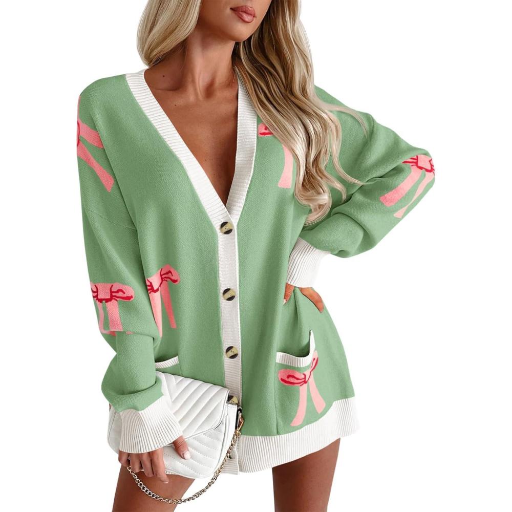 imageSaodimallsu Womens Oversized Cardigan Sweaters Bow Printed Button V Neck Long Sleeve Loose Knit Fall Trendy CoatsGreen