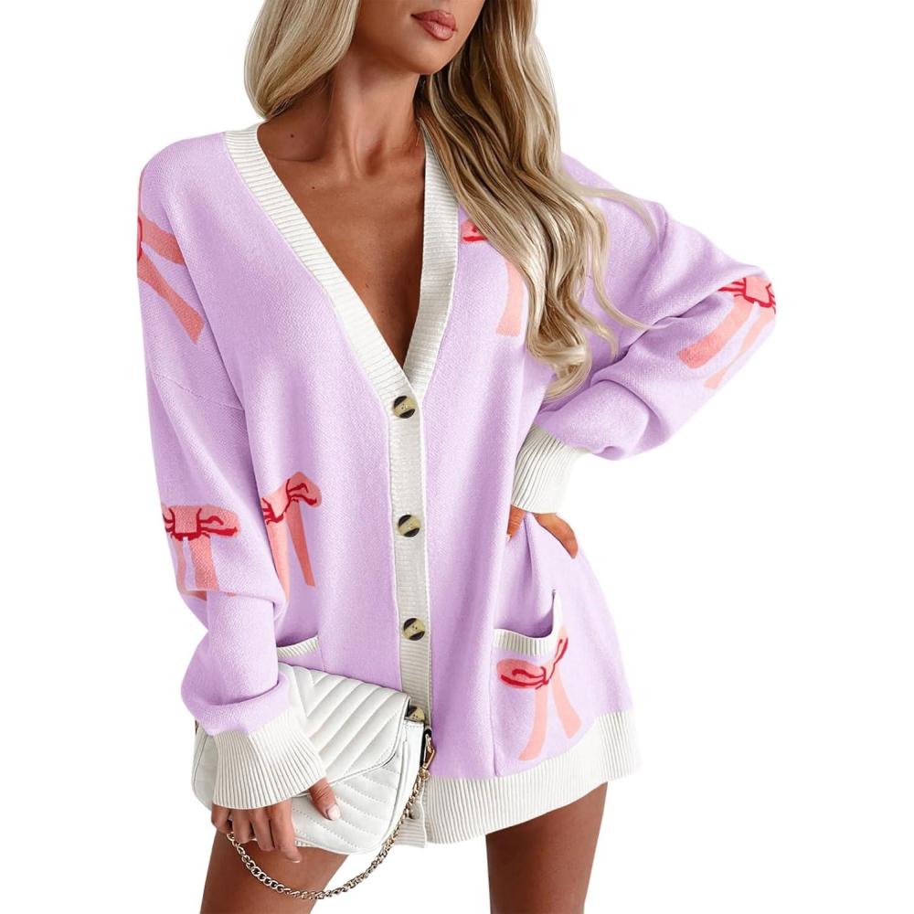 imageSaodimallsu Womens Oversized Cardigan Sweaters Bow Printed Button V Neck Long Sleeve Loose Knit Fall Trendy CoatsLight Purple