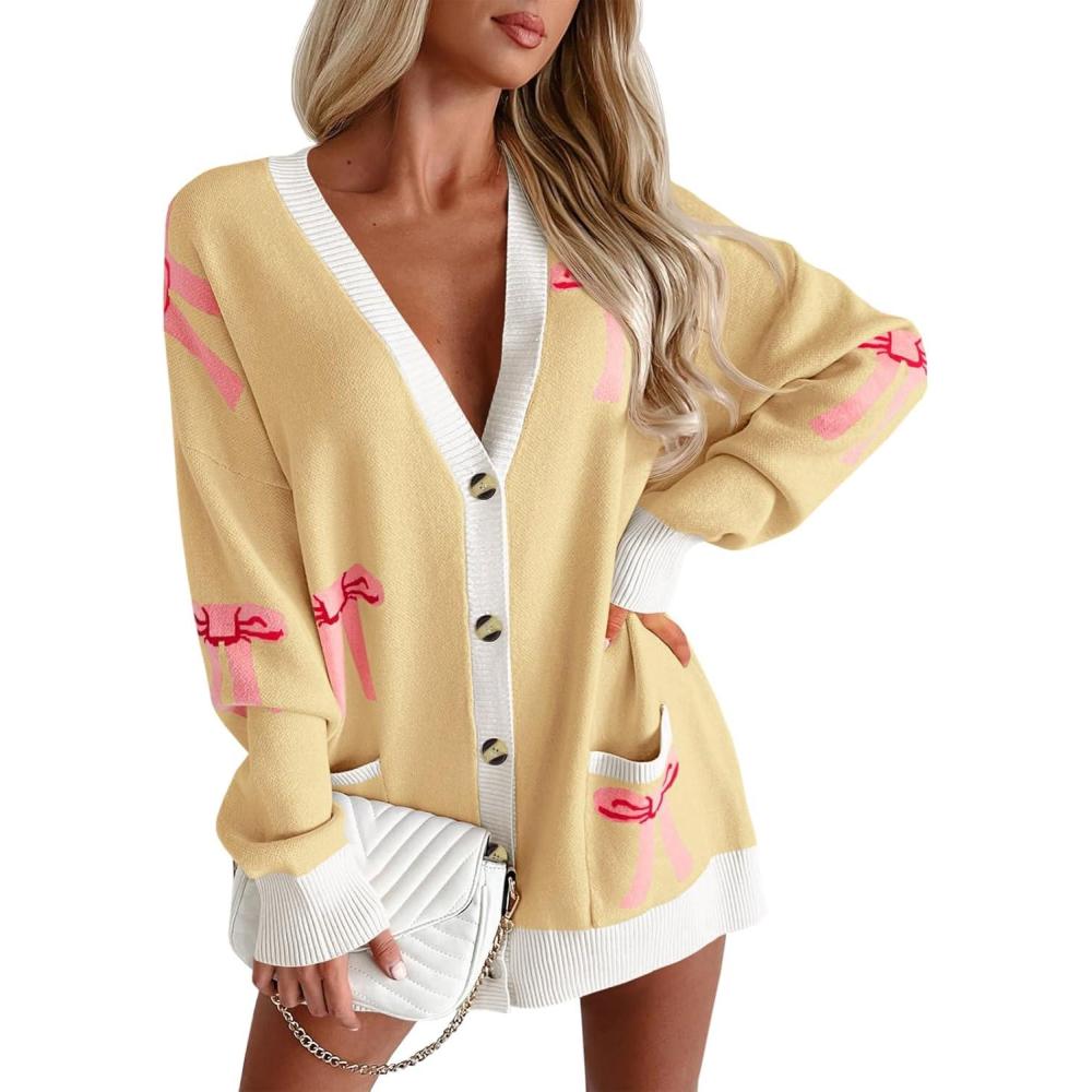 imageSaodimallsu Womens Oversized Cardigan Sweaters Bow Printed Button V Neck Long Sleeve Loose Knit Fall Trendy CoatsYellow