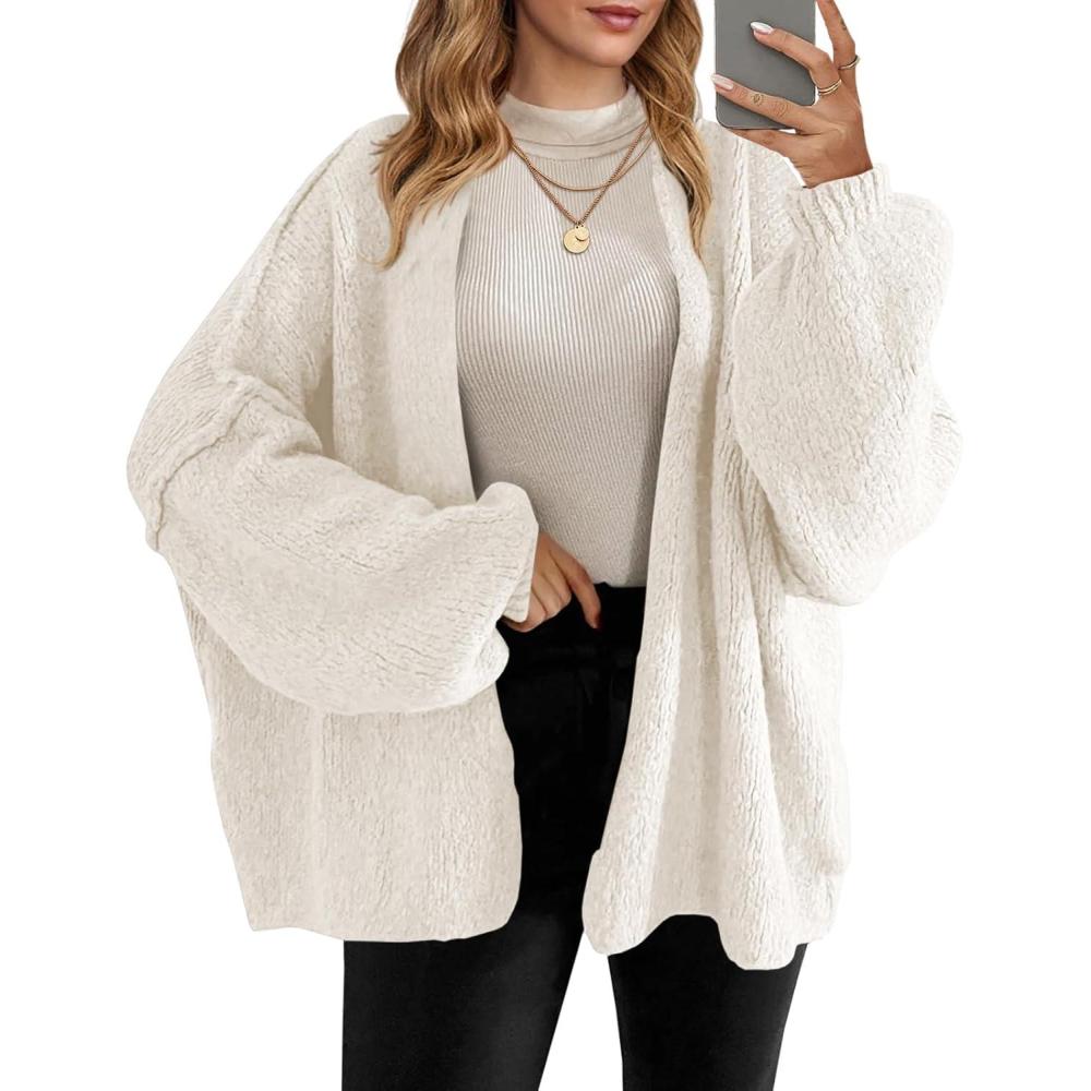 imageSaodimallsu Womens Oversized Cardigan Sweaters Open Front Chunky Knit Casual Long Lantern Sleeve Fall Sweater CoatsWhite