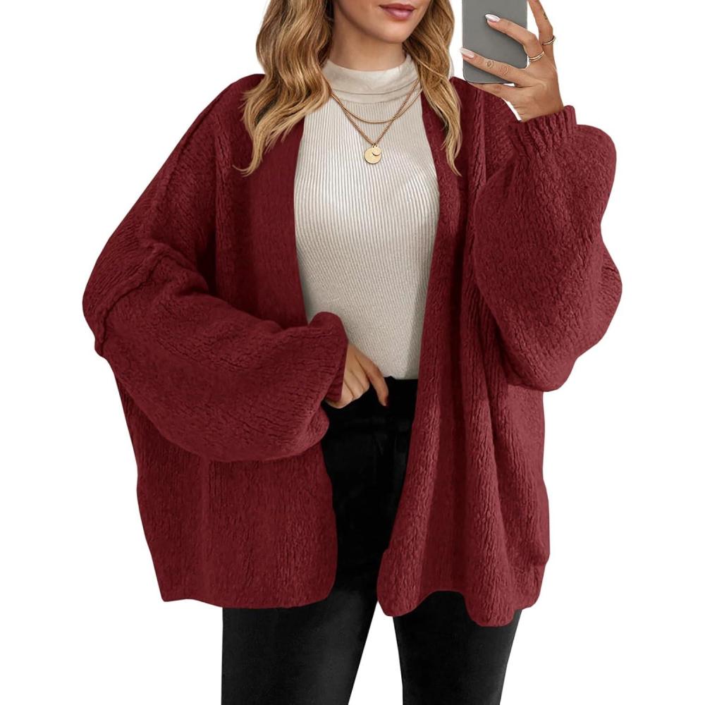 imageSaodimallsu Womens Oversized Cardigan Sweaters Open Front Chunky Knit Casual Long Lantern Sleeve Fall Sweater CoatsWine Red