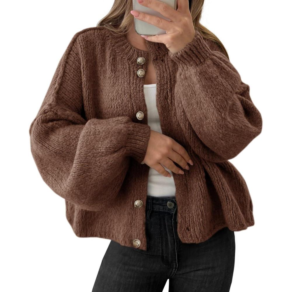 imageSaodimallsu Womens Oversized Cardigans Button Up Long Lantern Sleeve Chunky Knit Casual Soft Fall Sweater CoatsCoffee