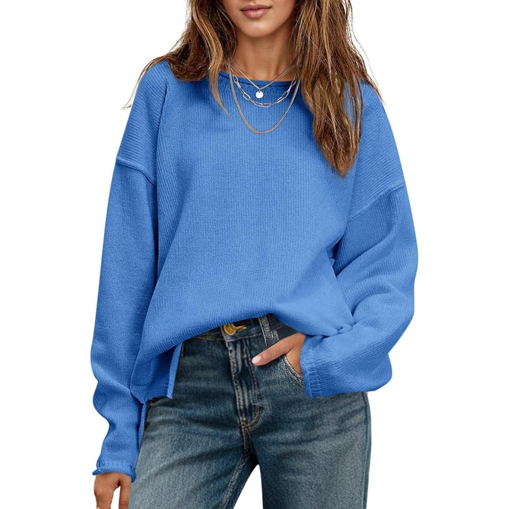 imageSaodimallsu Womens Oversized Crew Neck Sweaters Long Sleeve Slouchy Knit Fall Casual Loose Side Split Pullover TopsBlue