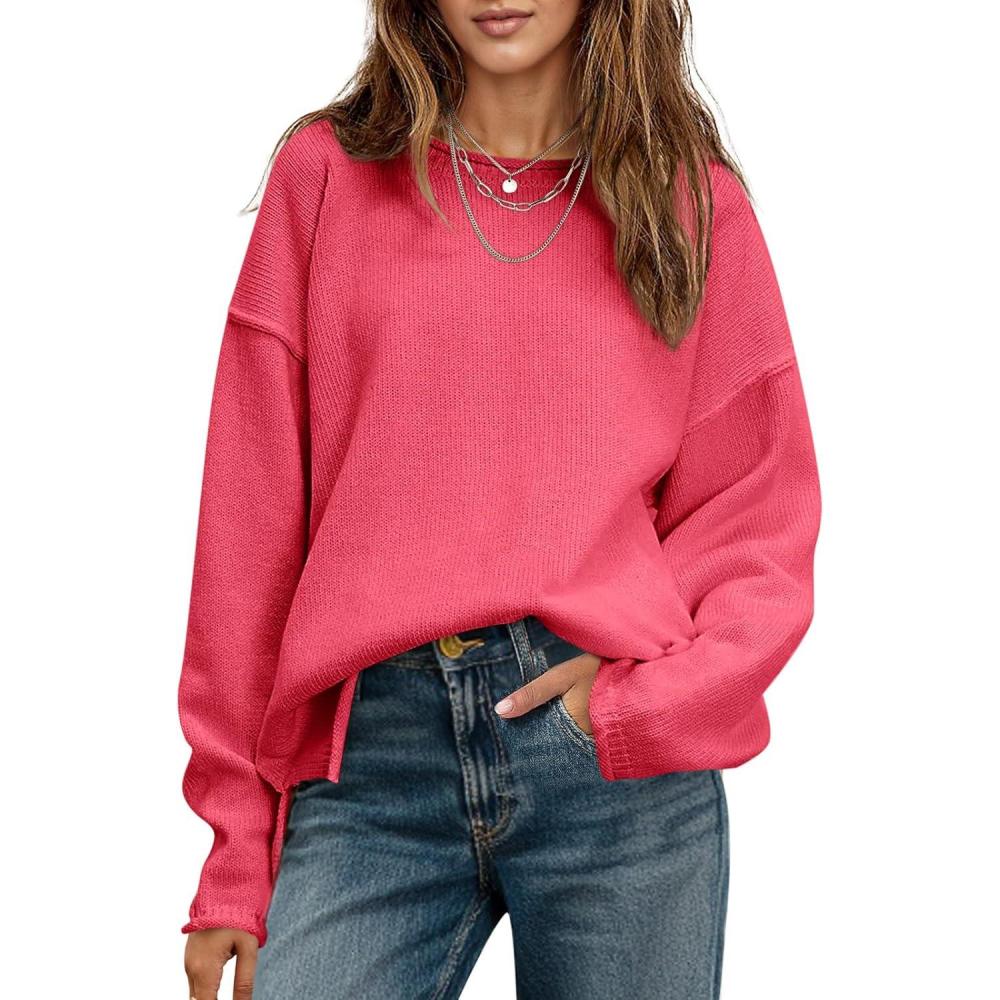imageSaodimallsu Womens Oversized Crew Neck Sweaters Long Sleeve Slouchy Knit Fall Casual Loose Side Split Pullover TopsRed