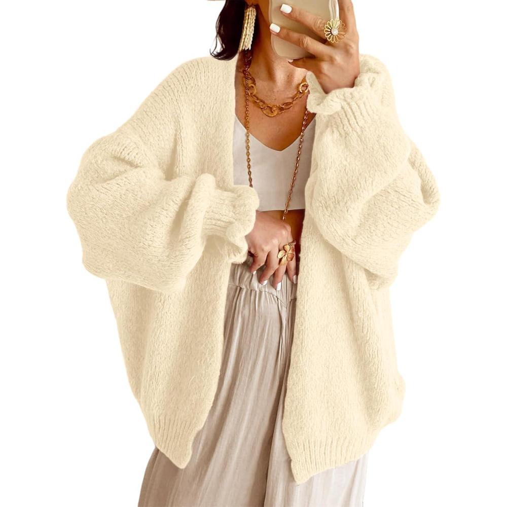 imageSaodimallsu Womens Oversized Open Front Cardigan Fall Ruffle Lantern Long Sleeve Chunky Knit Loose Sweater CoatsBeige