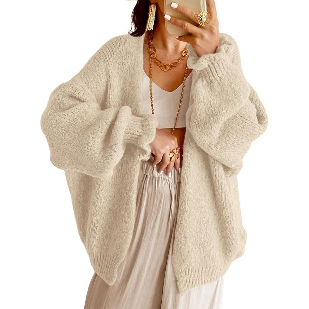 imageSaodimallsu Womens Oversized Open Front Cardigan Fall Ruffle Lantern Long Sleeve Chunky Knit Loose Sweater CoatsLight Khaki