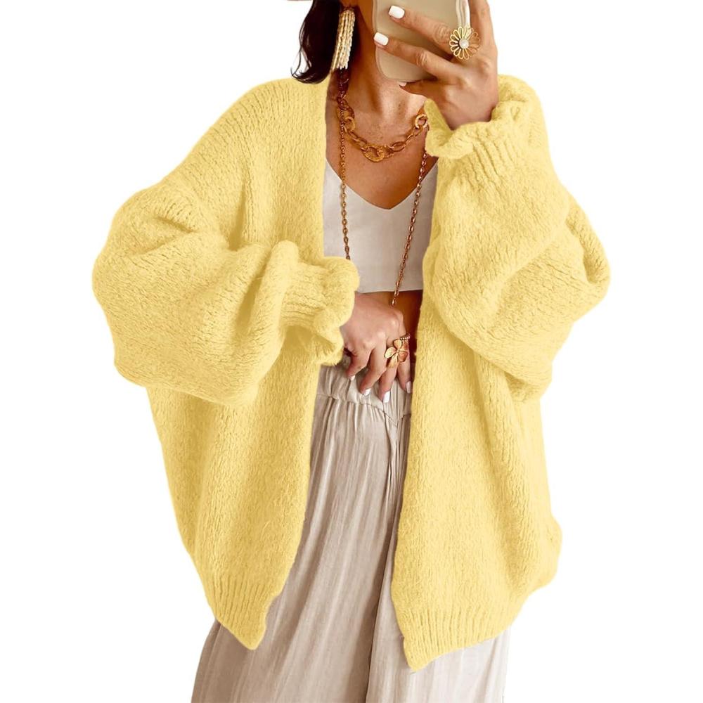imageSaodimallsu Womens Oversized Open Front Cardigan Fall Ruffle Lantern Long Sleeve Chunky Knit Loose Sweater CoatsYellow