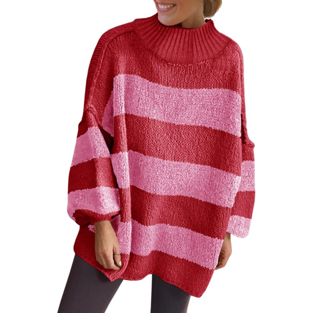 imageSaodimallsu Womens Oversized Striped Sweater Mock Neck Chunky Knit Lantern Long Sleeve Fall Trendy Tunic Sweaters TopRed