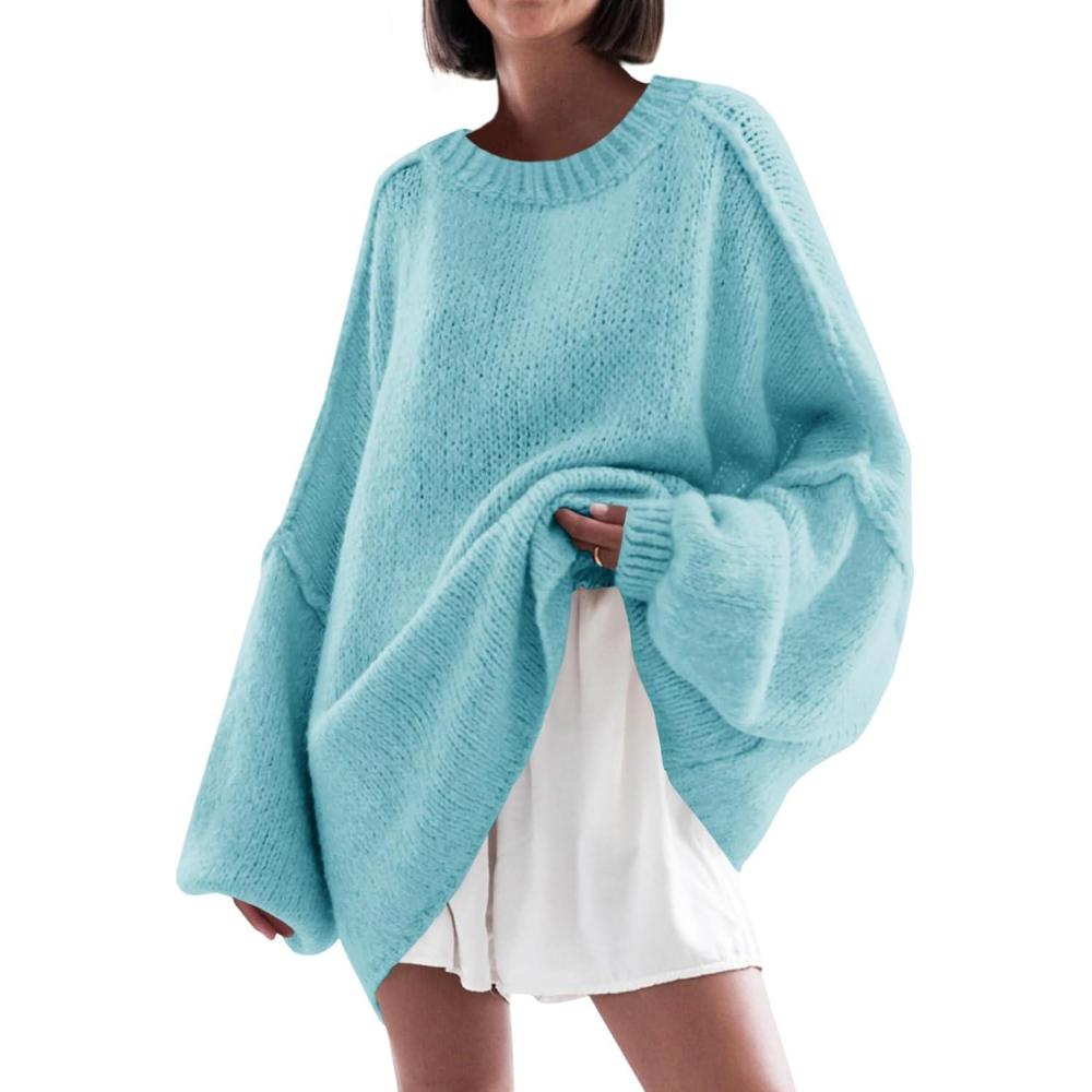 imageSaodimallsu Womens Oversized Sweater Chunky Crew Neck Long Lantern Sleeve Knit Fall Trendy Tunic Sweaters TopBlue