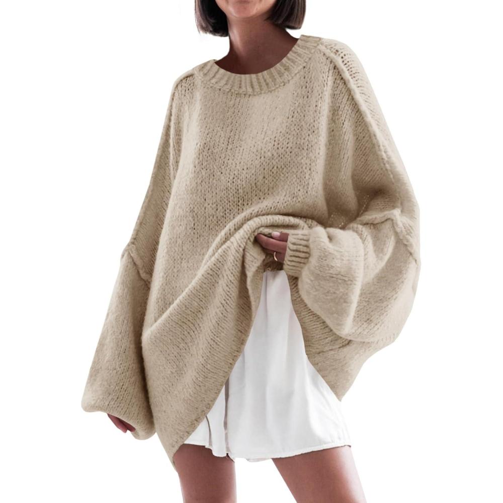 imageSaodimallsu Womens Oversized Sweater Chunky Crew Neck Long Lantern Sleeve Knit Fall Trendy Tunic Sweaters TopKhaki
