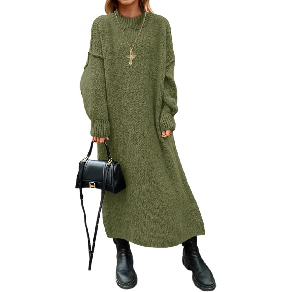 imageSaodimallsu Womens Oversized Sweater Dress Mock Neck Long Sleeve Casual Warm Chunky Knit Fall Winter Maxi DressesArmy Green