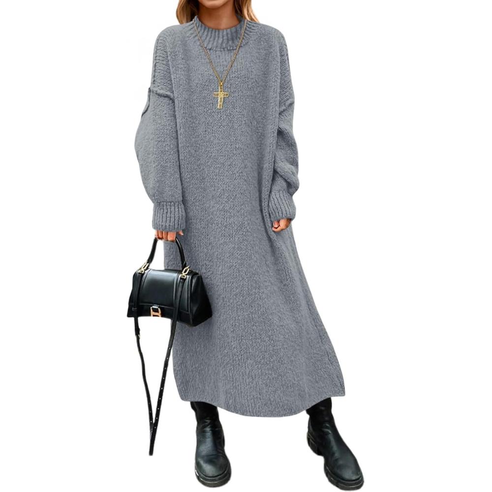 imageSaodimallsu Womens Oversized Sweater Dress Mock Neck Long Sleeve Casual Warm Chunky Knit Fall Winter Maxi DressesGrey