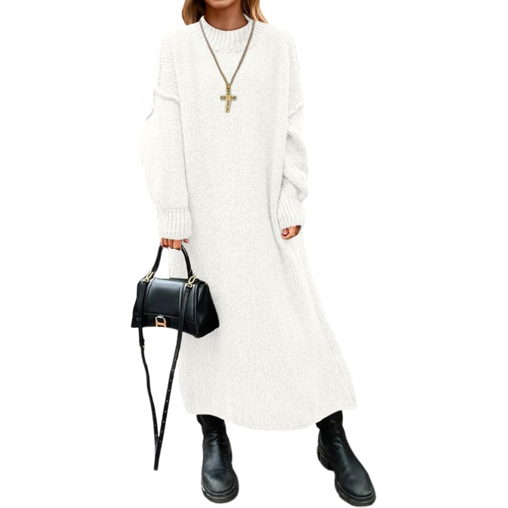 imageSaodimallsu Womens Oversized Sweater Dress Mock Neck Long Sleeve Casual Warm Chunky Knit Fall Winter Maxi DressesWhite