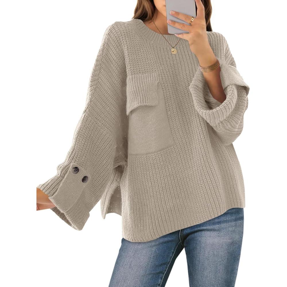 imageSaodimallsu Womens Oversized Sweaters Chunky Ribbed Knit Crew Neck Casual Long Sleeve Fall Winter Trendy Pullover TopsKhaki