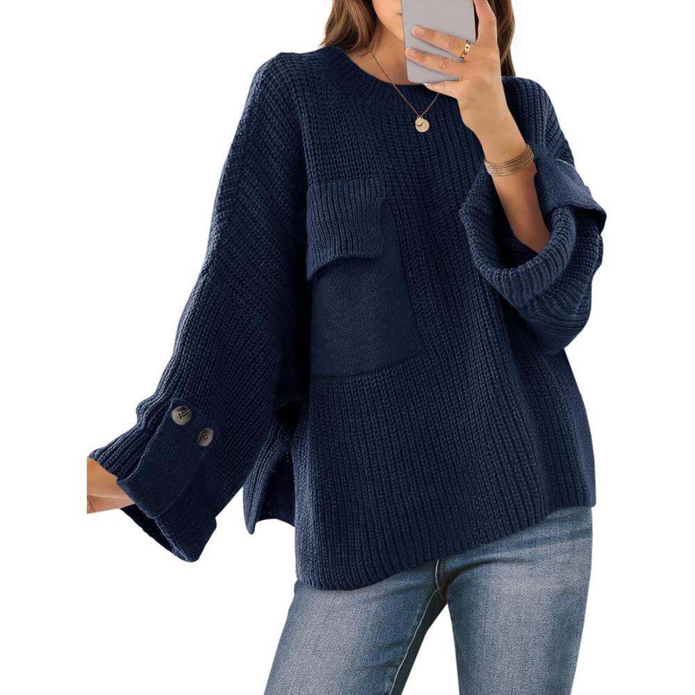 imageSaodimallsu Womens Oversized Sweaters Chunky Ribbed Knit Crew Neck Casual Long Sleeve Fall Winter Trendy Pullover TopsNavy