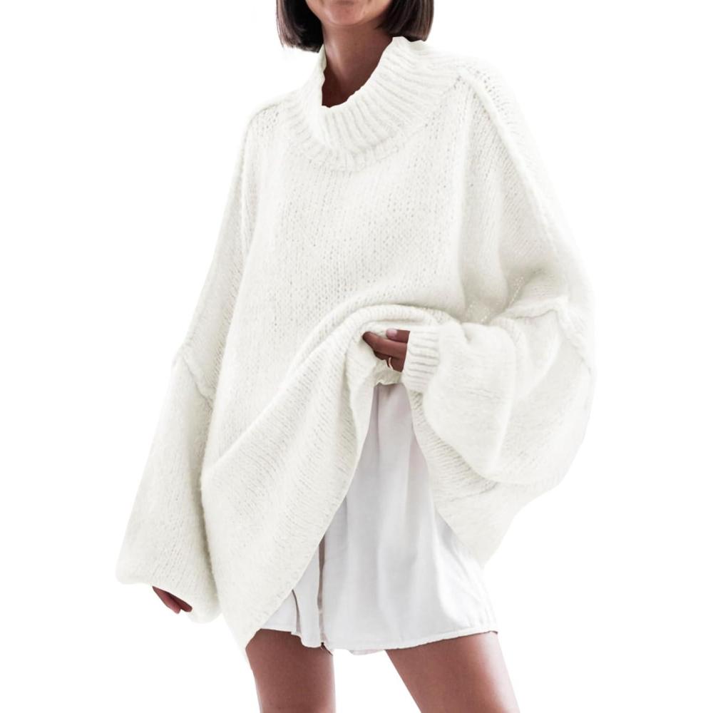 imageSaodimallsu Womens Oversized Sweaters Mock Neck Batwing Long Sleeve 2025 Fall Trendy Ribbed Knit Casual Tunic SweaterWhite