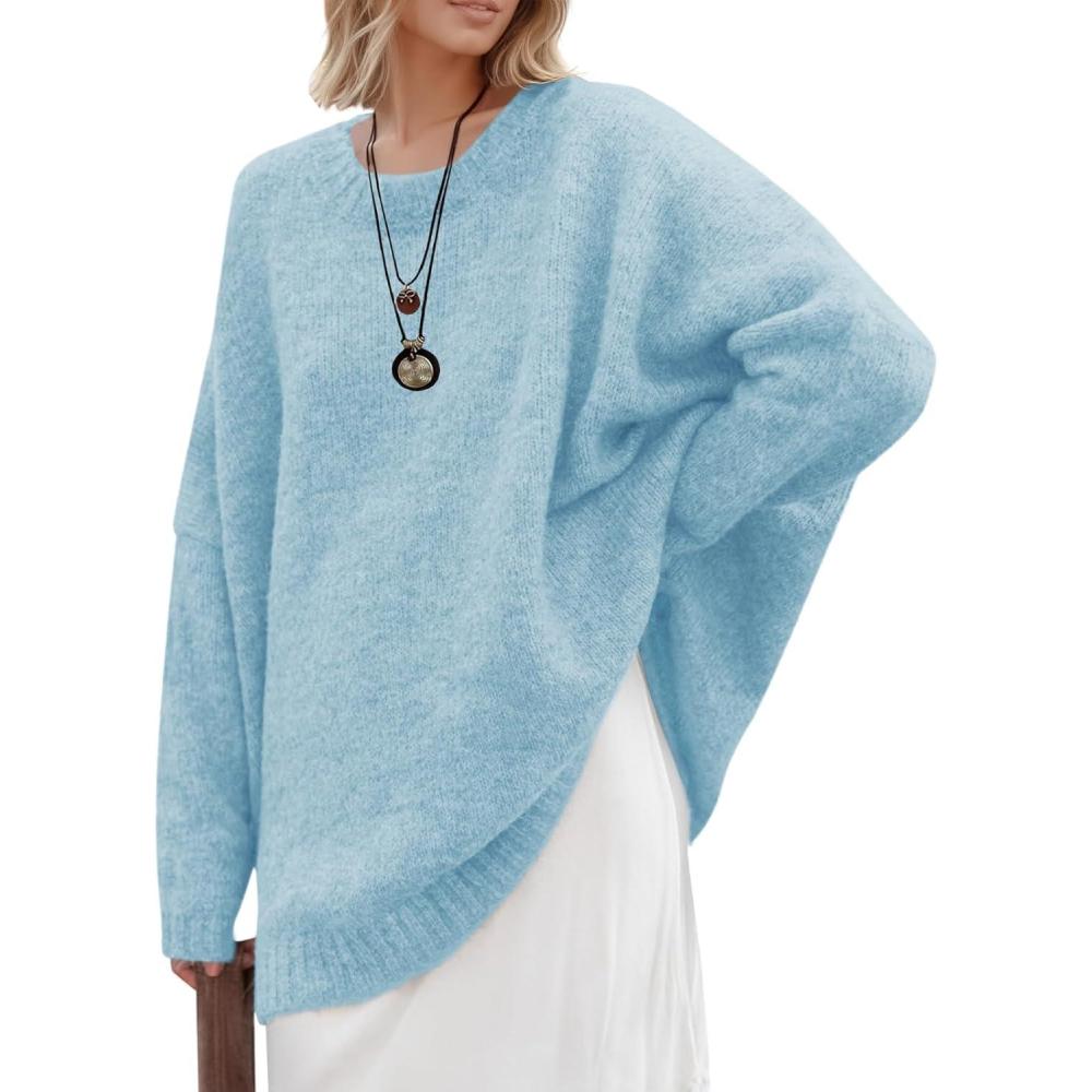 imageSaodimallsu Womens Oversized Tunic Sweaters Long Sleeve Crew Neck Chunky Knit Slouchy Casual Pullover Sweater TopsLight Blue