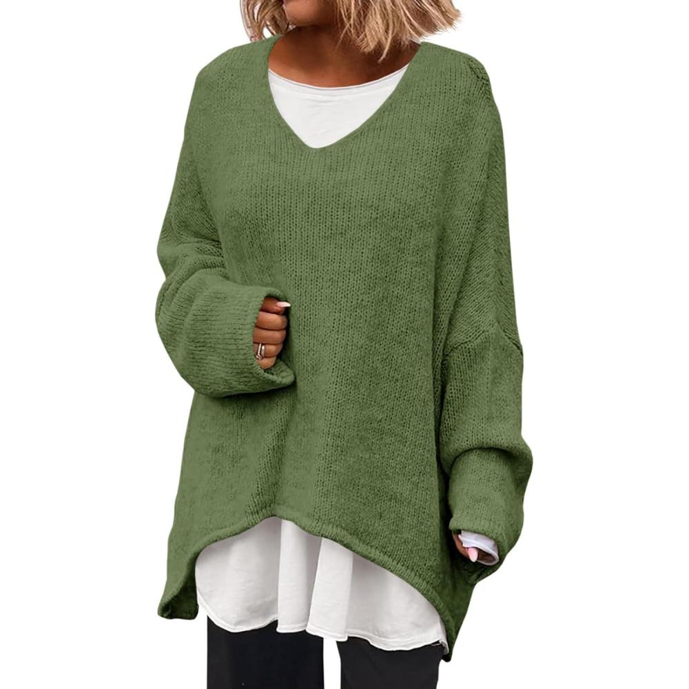 imageSaodimallsu Womens Oversized V Neck Sweaters Batwing Long Sleeve Knit Fall Slouchy Pullover Sweater TopsArmy Green