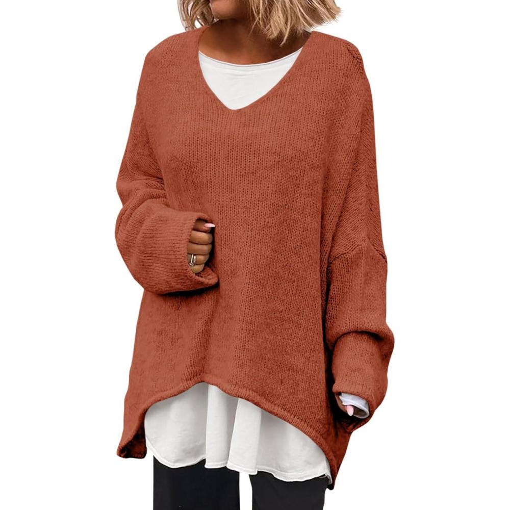 imageSaodimallsu Womens Oversized V Neck Sweaters Batwing Long Sleeve Knit Fall Slouchy Pullover Sweater TopsBrick Red