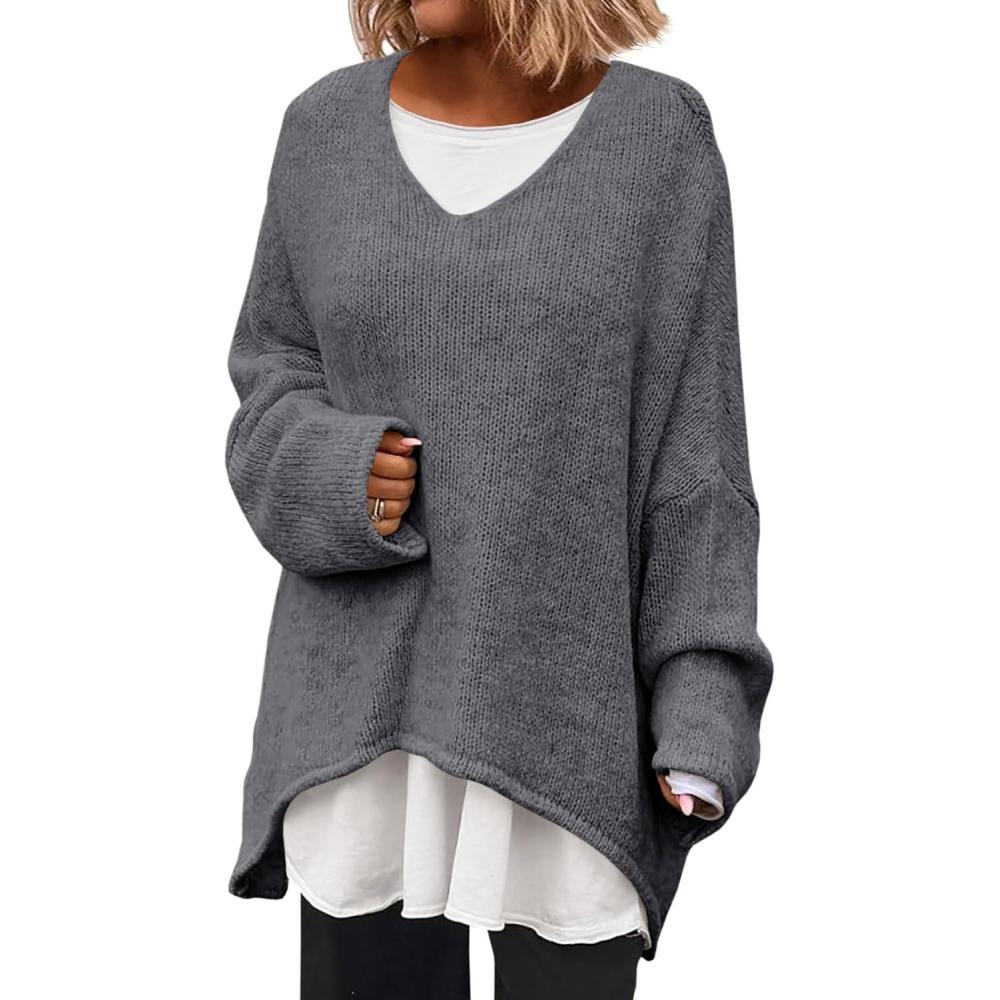 imageSaodimallsu Womens Oversized V Neck Sweaters Batwing Long Sleeve Knit Fall Slouchy Pullover Sweater TopsDark Grey