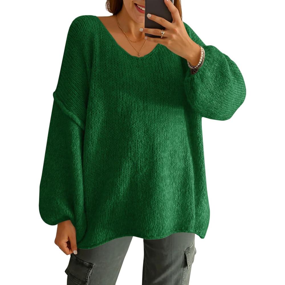 imageSaodimallsu Womens Oversized V Neck Sweaters Chunky Knit Lantern Long Sleeve Fall Winter Slouchy Tunic Sweater TopsDeep Green