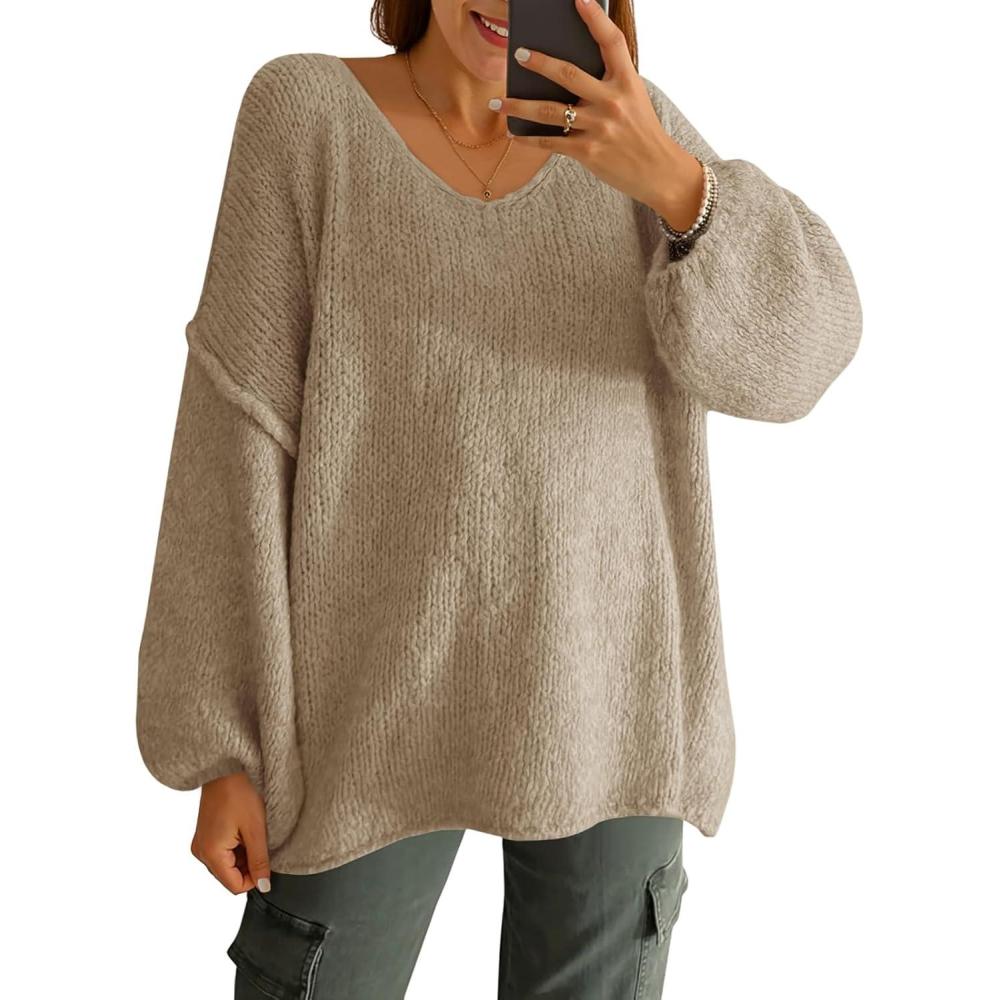 imageSaodimallsu Womens Oversized V Neck Sweaters Chunky Knit Lantern Long Sleeve Fall Winter Slouchy Tunic Sweater TopsKhaki