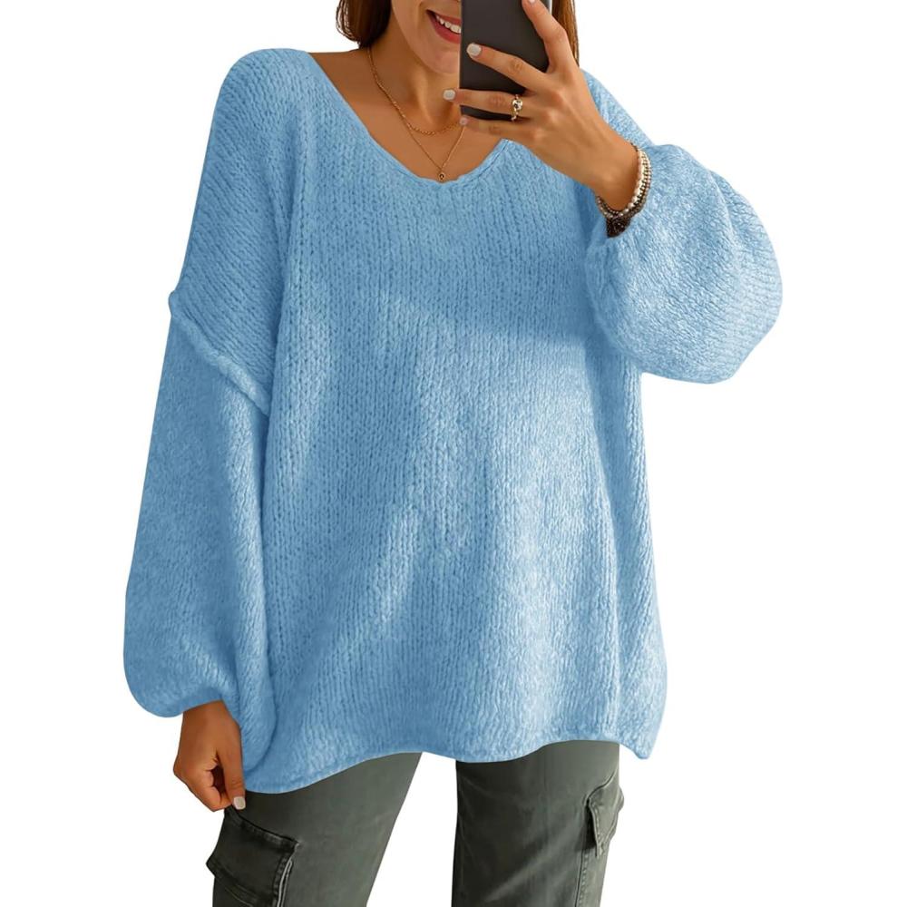 imageSaodimallsu Womens Oversized V Neck Sweaters Chunky Knit Lantern Long Sleeve Fall Winter Slouchy Tunic Sweater TopsLight Blue
