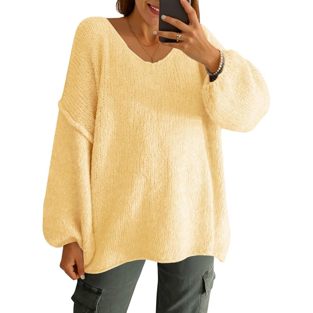 imageSaodimallsu Womens Oversized V Neck Sweaters Chunky Knit Lantern Long Sleeve Fall Winter Slouchy Tunic Sweater TopsYellow