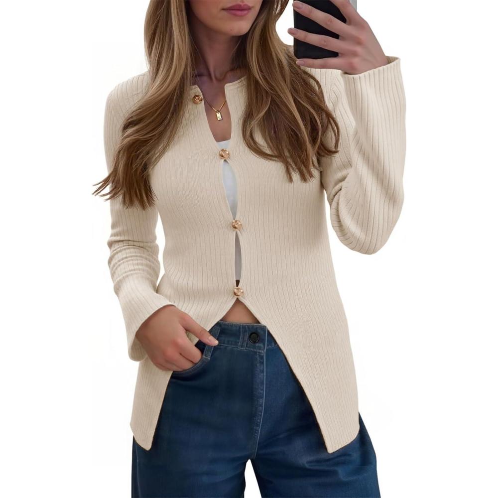 imageSaodimallsu Womens Ribbed Long Sleeve Sweater Tops Button Up Crewneck Slim Fitted Cardigans Sexy Going Out Knit ShirtsApricot