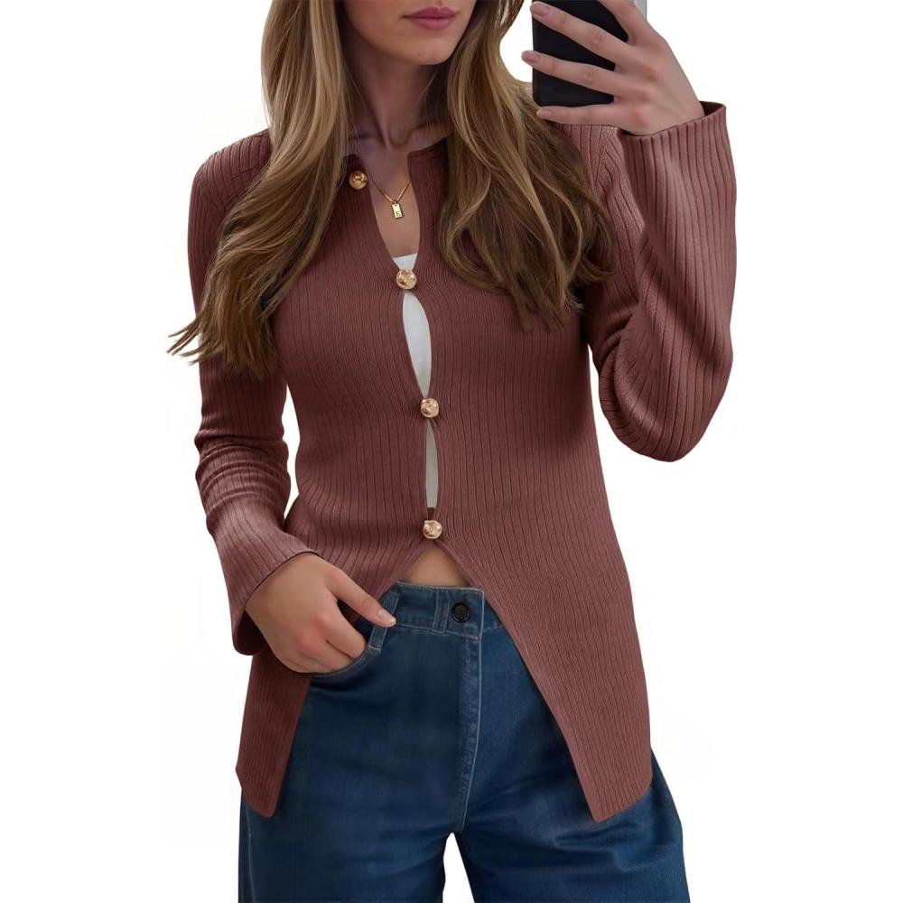 imageSaodimallsu Womens Ribbed Long Sleeve Sweater Tops Button Up Crewneck Slim Fitted Cardigans Sexy Going Out Knit ShirtsBrown