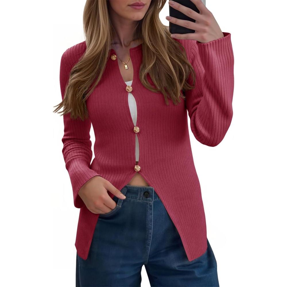 imageSaodimallsu Womens Ribbed Long Sleeve Sweater Tops Button Up Crewneck Slim Fitted Cardigans Sexy Going Out Knit ShirtsRed