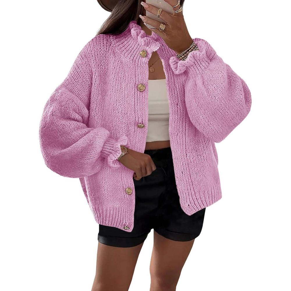 imageSaodimallsu Womens Ruffle Cardigan Oversized Button Up Fall Trendy Ribbed Knit Open Front Long Sleeve Loose Cute SweaterPink